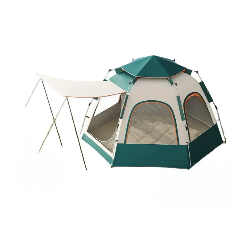 Name：Outdoor Automatic Hexagonal Tent Support rod material：fiberglass Fabric： Interior:：matte PE waterproof cloth External：210T sunscreen black tape Size： Large size：240*240*135cm Max size：280*280*155cm Weight： Large size：3.6kg Max size：4.6kg
