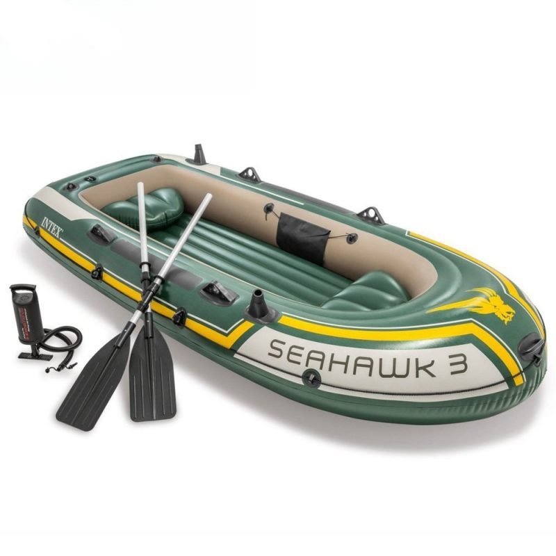 Seahawk Inflatable Boat Series: Includes Deluxe Aluminum Oars and High-Output Pump – SuperStrong PVC – Fishing Rod Holders – Heavy Duty Grab Handles – Gear Pouch
