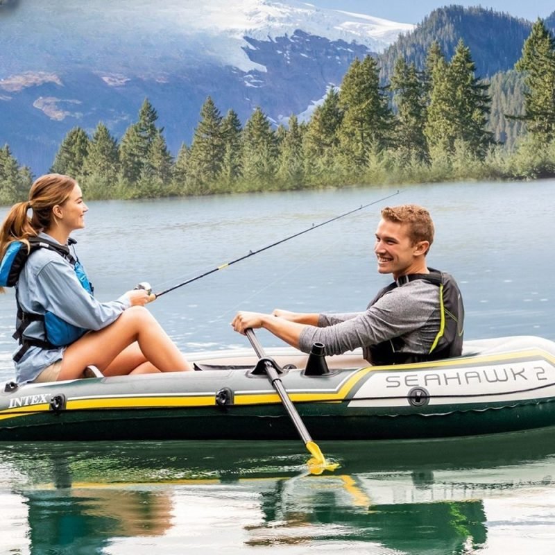 Seahawk Inflatable Boat Series: Includes Deluxe Aluminum Oars and High-Output Pump – SuperStrong PVC – Fishing Rod Holders – Heavy Duty Grab Handles – Gear Pouch - Image 4